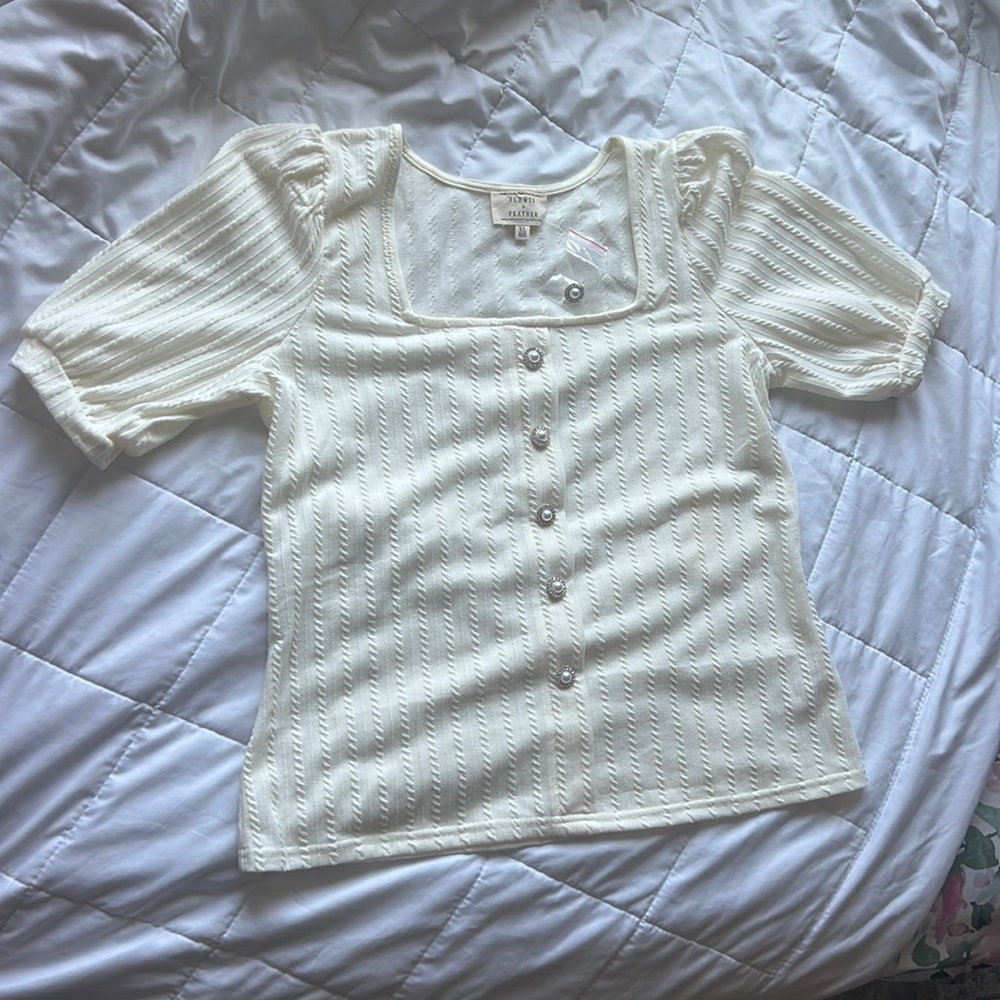 Flower & Feather Cream Button Down Cardigan Sweater
